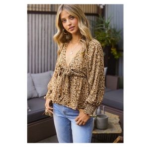 Floral Tie Front Deep V Babydoll Blouse